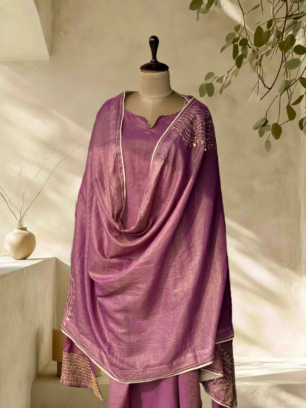 Kora Wine- Tissue Chanderi Semi Stitched Kurta