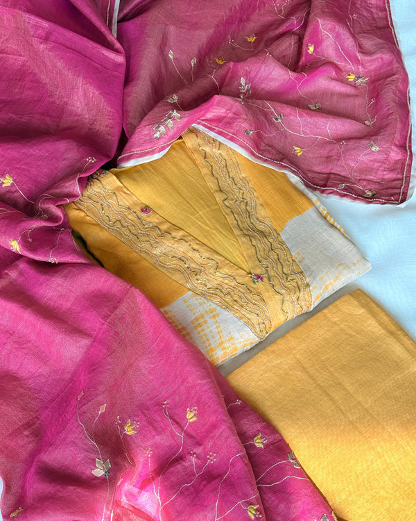 Daria Gold- Tissue Chanderi Semi Stitched Kurta